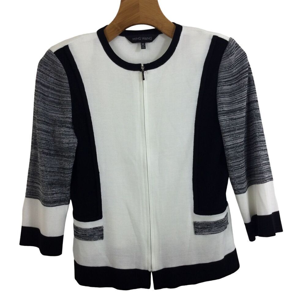 Ming Wang Color Block 3/4 Sleeve Full Zip Knit Cardigan Sweater Size XS